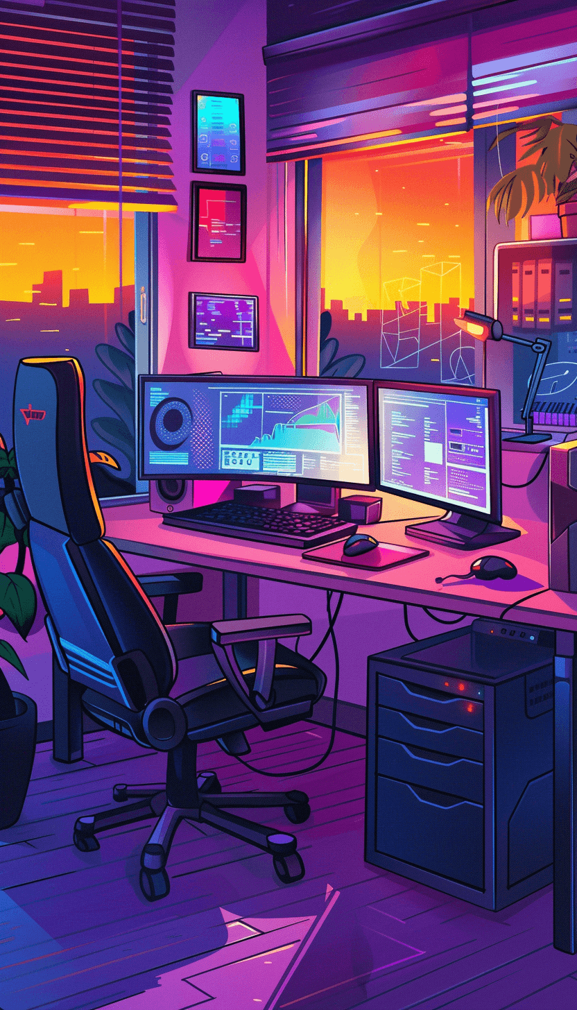 2D stylized art, showcasing two big displays in a Lo-fi style environment. Ry's ideal workstation.